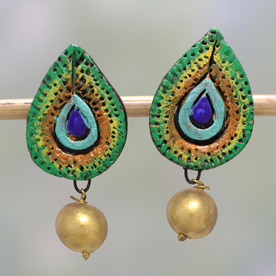 Ceramic dangle earrings, 'Peacock Drops' - Ceramic Drop Shaped Dangle Earrings by Indian Artistans