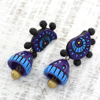 Ceramic dangle earrings, 'Grandiose Sky' - Hand-Painted Ceramic Dangle Earrings in Blue from India