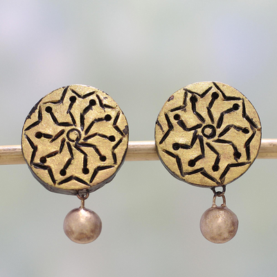 Ceramic dangle earrings, 'Golden Floral' - Gold Tone Floral Ceramic Dangle Earrings by Indian Artisans