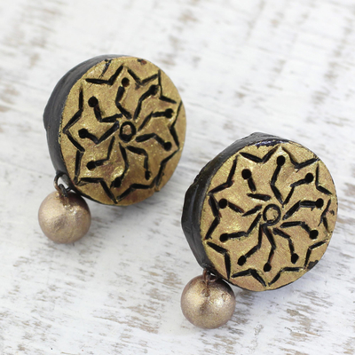 Ceramic dangle earrings, 'Golden Floral' - Gold Tone Floral Ceramic Dangle Earrings by Indian Artisans