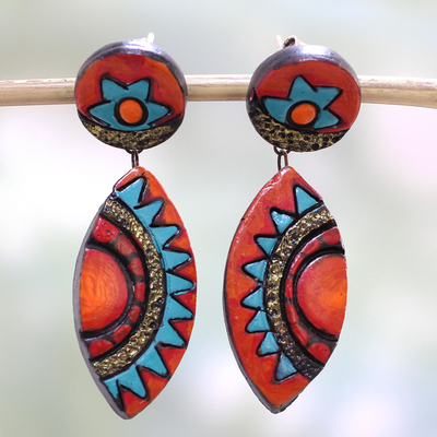 Ceramic dangle earrings, 'Ancient Inspiration' - Colorful Ceramic Dangle Earrings by Indian Artisans
