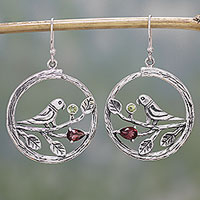 Garnet and peridot dangle earrings, 'Parrot Song' - Garnet and Peridot Parrot Dangle Earrings from India