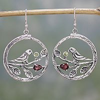 Garnet and peridot dangle earrings, Parrot Song