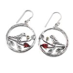 Garnet and peridot dangle earrings, 'Parrot Song' - Garnet and Peridot Parrot Dangle Earrings from India