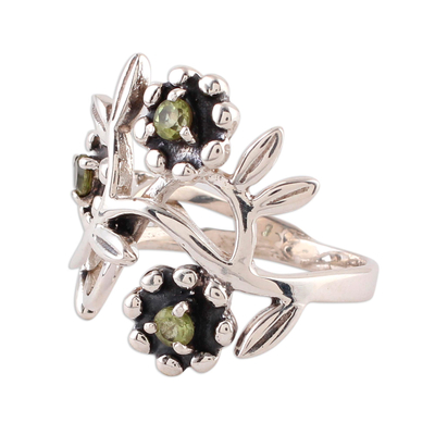 Peridot cocktail ring, 'Floral Glimmer' - Floral Peridot and Sterling Silver Cocktail Ring from India