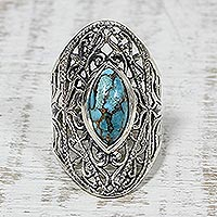Sterling silver cocktail ring, 'Jali Eye' - Sterling Silver and Composite Turquoise Indian Cocktail Ring