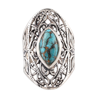 Sterling silver cocktail ring, 'Jali Eye' - Sterling Silver and Composite Turquoise Indian Cocktail Ring