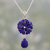Lapis lazuli pendant necklace, 'Bursting Blossoms' - Artisan Crafted Silver 925 and Lapis Lazuli Flower Necklace