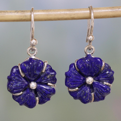 Lapis lazuli dangle earrings, 'Bursting Blossoms' - Artisan Crafted Lapis Lazuli Flower Earrings with Silver 925