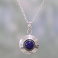 Lapis lazuli pendant necklace, 'Midnight Disc' - Lapis Lazuli and Sterling Silver Pendant Necklace from India
