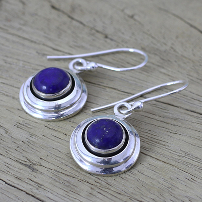 Lapis lazuli dangle earrings, 'Midnight Discs' - Contemporary Lapis Lazuli and Sterling Silver Earrings