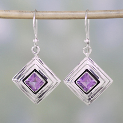 Amethyst dangle earrings, 'Feminine Purple' - Amethyst and Sterling Silver Modern Earrings from India