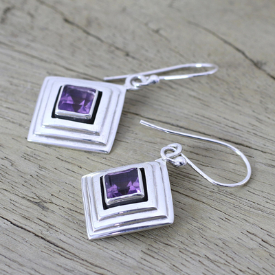 Amethyst dangle earrings, 'Feminine Purple' - Amethyst and Sterling Silver Modern Earrings from India