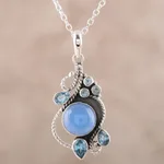 Chalcedony and blue topaz pendant necklace, 'Misty Vine' - Chalcedony and Blue Topaz Pendant Necklace from India