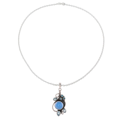 Chalcedony and blue topaz pendant necklace, 'Misty Vine' - Chalcedony and Blue Topaz Pendant Necklace from India