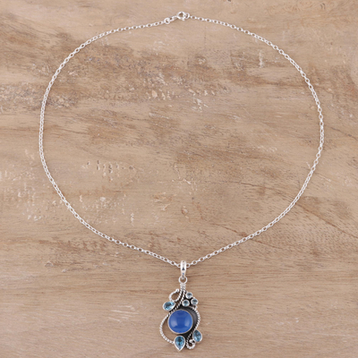 Chalcedony and blue topaz pendant necklace, 'Misty Vine' - Chalcedony and Blue Topaz Pendant Necklace from India