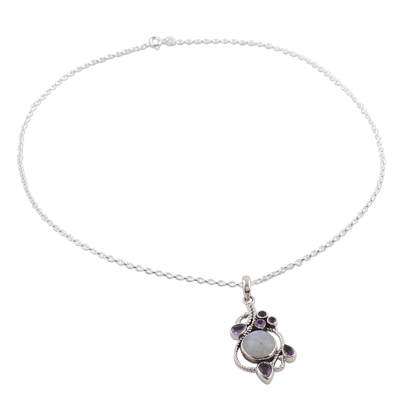 Rainbow moonstone and amethyst pendant necklace, 'Misty Vine' - Rainbow Moonstone and Amethyst Pendant Necklace from India