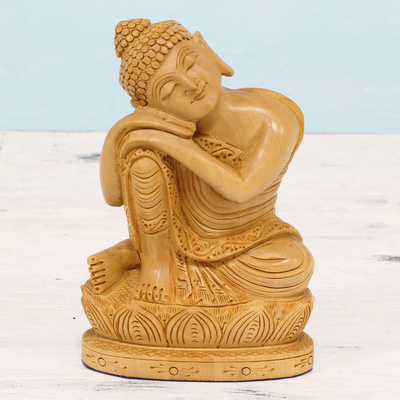 Wood sculpture, 'Buddha at Rest' - Hand Carved Kadam Wood Sculpture of Buddha from India