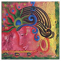 'Celebrations of Holi' - Pintura expresionista firmada de Krishna hindú de la India