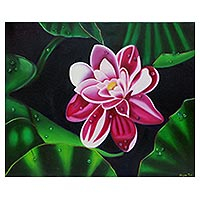 'Floral Dew' - Signed Painting of a Pink Flower with Leaves from India