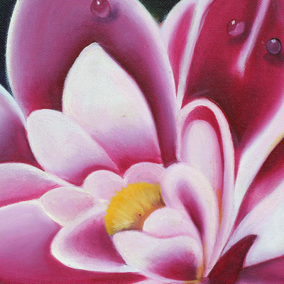 'Floral Dew' - Signiertes Gemälde einer rosa Blume mit Blättern aus Indien