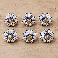 Ceramic knobs, Lapis Flowers (set of 6)