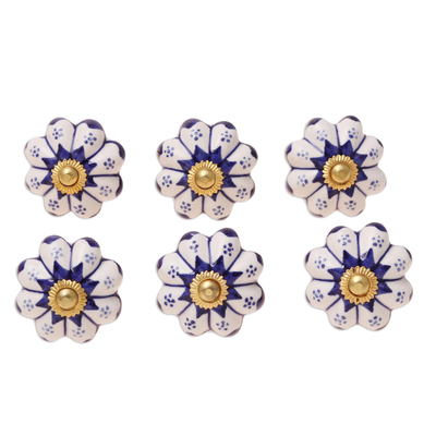 Ceramic knobs, 'Lapis Flowers' (set of 6) - Six Ceramic Floral Knobs in Blue and White from India