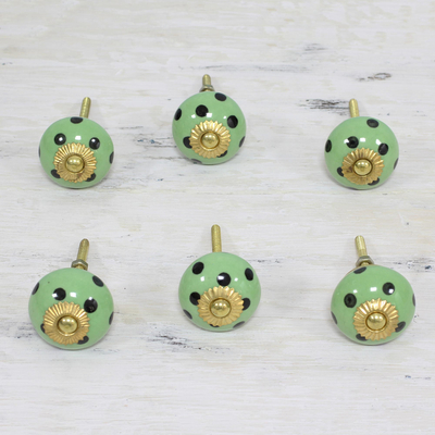 Ceramic knobs, 'Polka Dot Green' (set of 6) - Six Hand Painted Ceramic Knobs in Green and Black from India