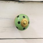Ceramic knobs, 'Polka Dot Green' (set of 6) - Six Hand Painted Ceramic Knobs in Green and Black from India