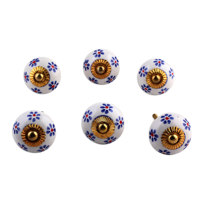 Ceramic knobs, 'Petite Blue Flowers' (set of 6) - Six Hand Painted Ceramic Floral Knobs by Indian Artisans