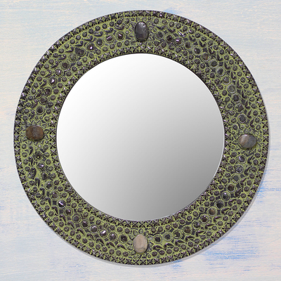 Aluminum mirror, 'Antique Magnificence' - Handcrafted Round Antiqued Aluminum Mirror from India