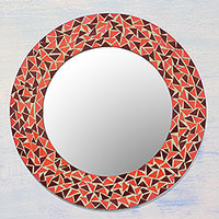 Glass mosaic wall mirror, 'Triangle Energy' - Handcrafted Orange and Brown Glass Mosaic Wall Mirror