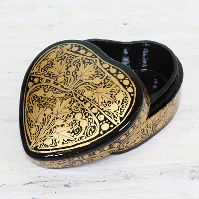 Papier mache decorative box, 'Royal Grandeur' - Black and Gold Papier Mache Decorative Box from India