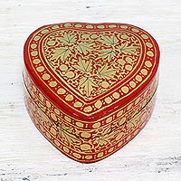 Papier mache decorative box, 'Royal Vermilion' - Red and Gold Papier Mache Decorative Box from India