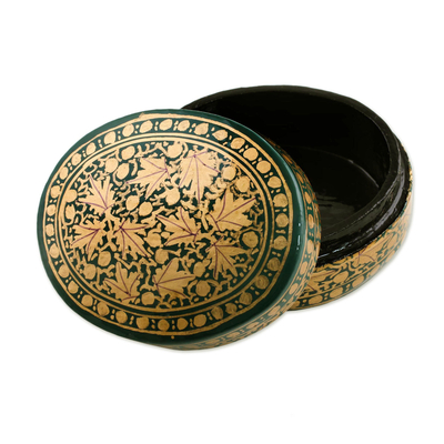 Papier mache decorative box, 'Serene Viridescence' - Gold and Green Papier Mache Decorative Box from India