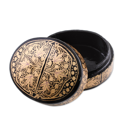 Papier mache decorative box, 'Serene Grandeur' - Black and Gold Papier Mache Decorative Box from India
