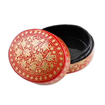 Papier mache decorative box, 'Serene Vermilion' - Gold and Red Papier Mache Decorative Box from India