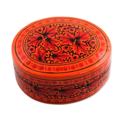 Papier mache decorative box, 'Serene Delight' - Orange and Red Papier Mache Decorative Box from India