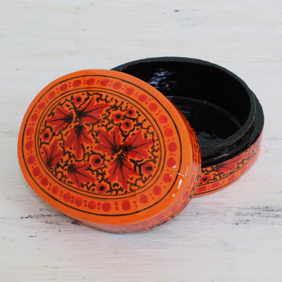 Papier mache decorative box, 'Serene Delight' - Orange and Red Papier Mache Decorative Box from India