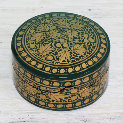 Papier mache decorative box, 'Alluring Viridescence' - Green and Gold Papier Mache Decorative Box from India