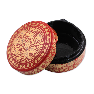 Papier mache decorative box, 'Alluring Vermilion' - Gold and Red Papier Mache Decorative Box from India