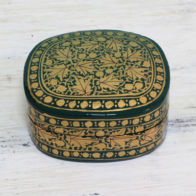Papier mache decorative box, 'Graceful Viridescence' - Green and Gold Papier Mache Decorative Box from India