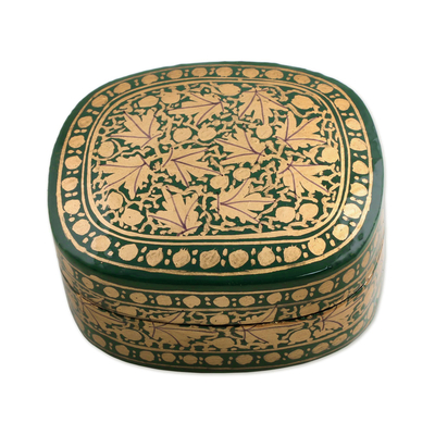Papier mache decorative box, 'Graceful Viridescence' - Green and Gold Papier Mache Decorative Box from India