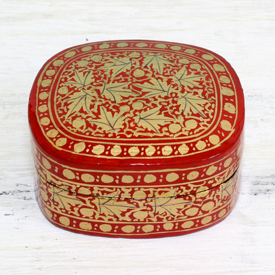 Papier mache decorative box, 'Graceful Vermilion' - Red and Gold Papier Mache Decorative Box from India