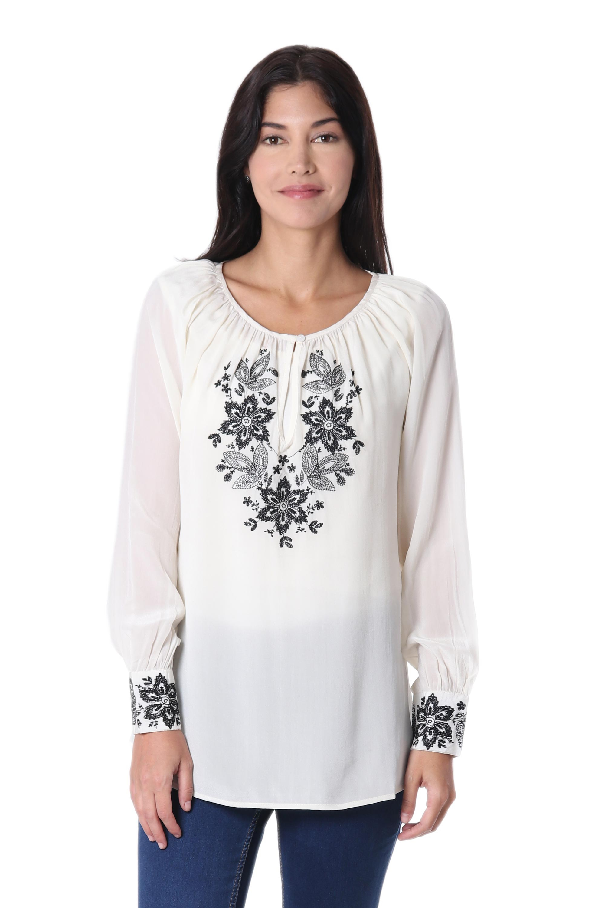Ivory Silk Long-Sleeved Blouse with Black Floral Embroidery - Moonlight ...