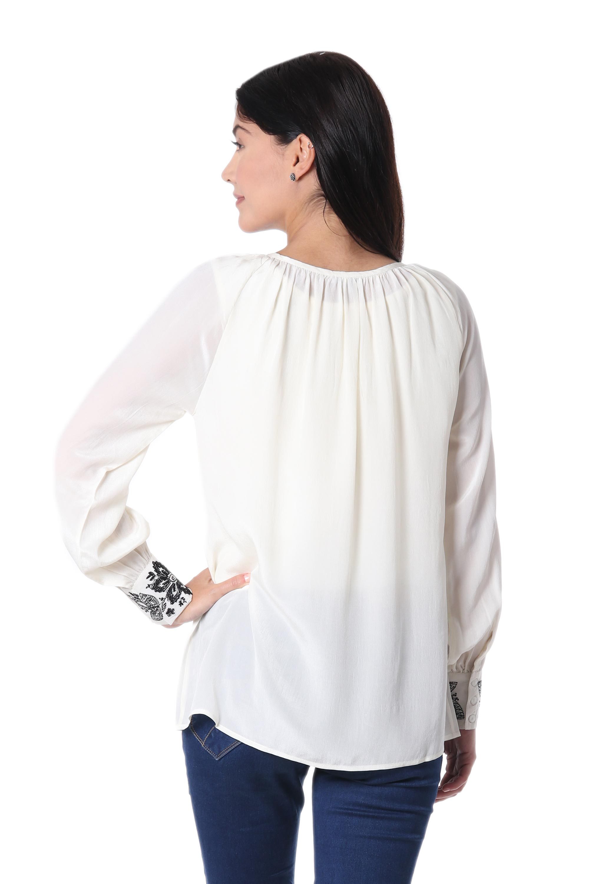 Ivory Silk Long-Sleeved Blouse with Black Floral Embroidery - Moonlight Symphony | NOVICA