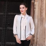 Silk blouse, 'Dazzling Alabaster' - 100% Silk Button Down Blouse with Tie Neck in Ecru