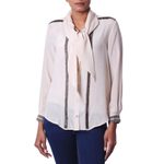 Silk blouse, 'Dazzling Alabaster' - 100% Silk Button Down Blouse with Tie Neck in Ecru