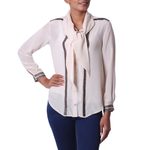 Silk blouse, 'Dazzling Alabaster' - 100% Silk Button Down Blouse with Tie Neck in Ecru