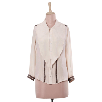 Blusa de seda - Blusa de 100% seda con cuello anudado en color crudo